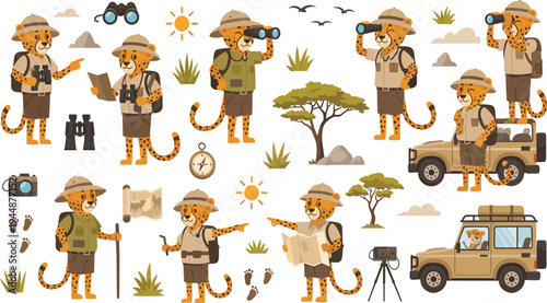 Cheetah Safari Explorer Cartoon Vector Set with Adventurer Cheetah Characters, Binoculars, Map, Jeep and Wildlife Expedition.