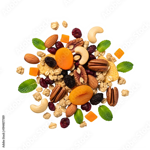A mix of nuts and dried fruits with mint leaves