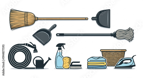 Cleaning service and household chores equipment vector illustration, home maintenance tools set isolated on white