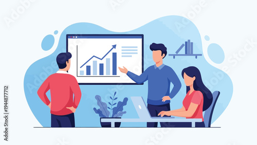 Illustration of business team analyzing financial data and growth charts in a modern office setting