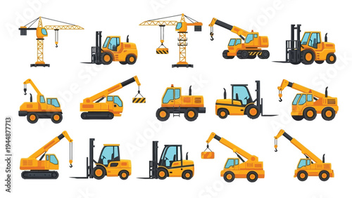 Illustration of collection of various construction vehicles including cranes, bulldozers, and forklifts in yellow color