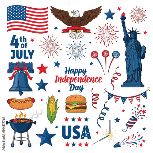 American independence day symbols, 4th of july elements for patriotic celebration, usa holiday