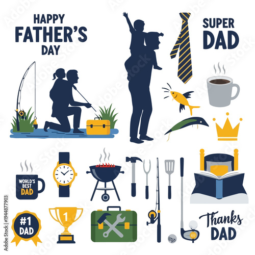 Best dad ever fathers day clipart elements with various hobbies and household gift icons