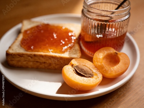 Frisches Frühstück mit hausgemachter Aprikosenkonfitüre auf Toast und reifen Aprikosen