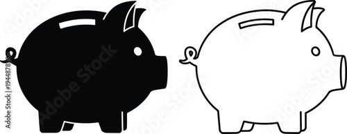 Black and white piggy bank illustration isolated on transparent background, Vector