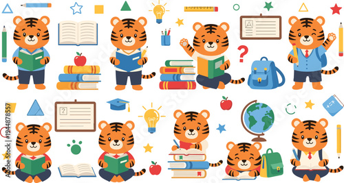 Cute Tiger Student Cartoon Vector Set Featuring School Tiger Characters Reading Books, Studying with Backpack, Graduation and Education Elements.