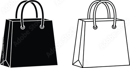 Black and white shopping bags isolated on transparent background, Vector
