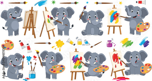 Elephant Painter Cartoon Vector Set with Cute Elephant Artists Painting on Canvas with Brushes and Color Palette.