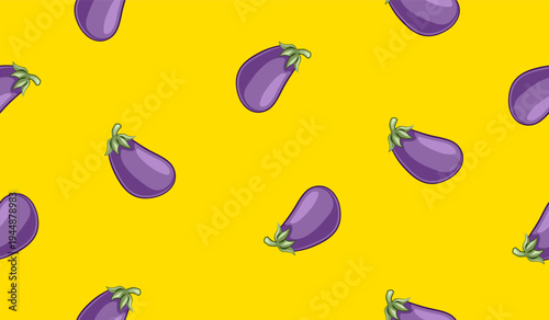 Seamless eggplant vegetable pattern on yellow background