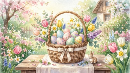 Cute pastel easter eggs in a basket