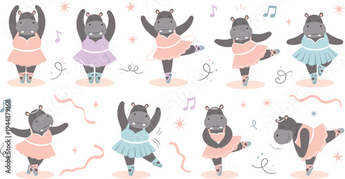 Hippo Ballerina Cartoon Vector Set with Cute Hippopotamus Ballet Dancers Performing Classical Dance Poses.