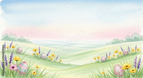 Watercolor meadow with flowers and easter eggs, pastel palette