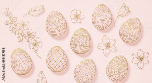 Easter background with elegant gold line art eggs and flowers, minimal luxury style