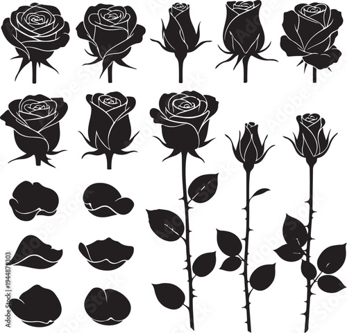Black and white rose silhouettes with stems and leaves  floral graphic resources