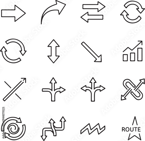 Blacklineroutedirectionarrowsiconssetisolatedonwhitebackground