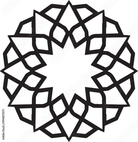 Geometric star shape design element with pointed petals and lines  mandala style