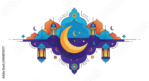 Eid Mubarak Instagram post template with colorful Ramadan design and mosque symbol in a vibrant, celebratory layout for social media