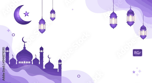 Purple illustration of a mosque with hanging lanterns, crescent moon, and star on a white background for Ramadan or Eid Mubarak social media promotions and templates