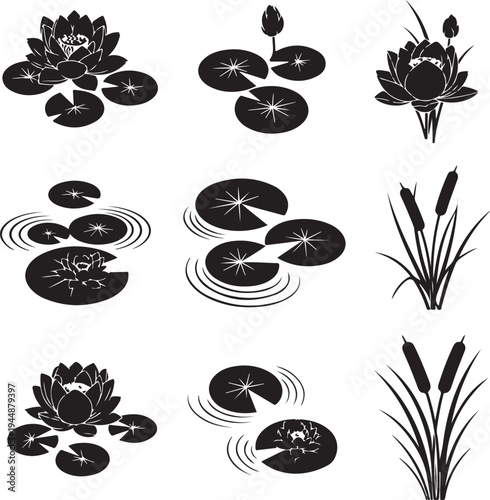Set of black silhouettes of lotus flowers and cattails on white background