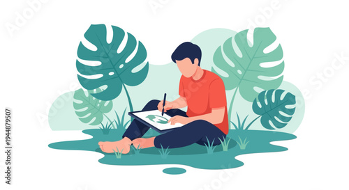 A man sits on the grass writing in a notebook surrounded by large tropical leaves.