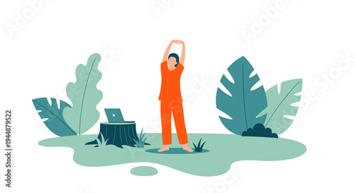 Person stretching outdoors with laptop and tropical plants nearby