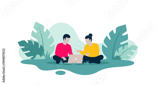 Two people sitting on ground with box in outdoor garden setting