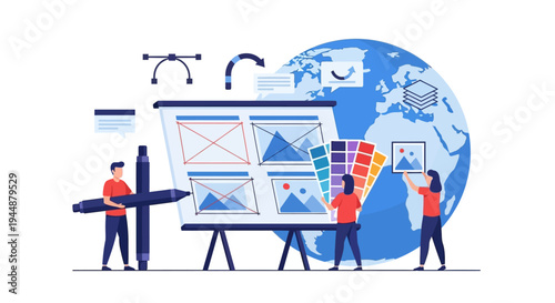 People presenting colorful graphs on a large board in front of a globe