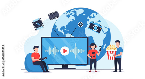 People watching video on a large screen with technology gadgets around