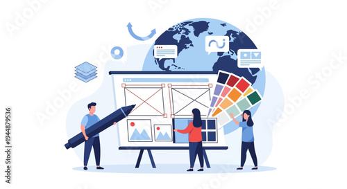 People working on a large infographic board with a globe and color palette