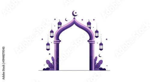 Eid Mubarak Instagram post template featuring a purple mosque archway with lanterns and crescent moon on a white background for Ramadan social media promotions