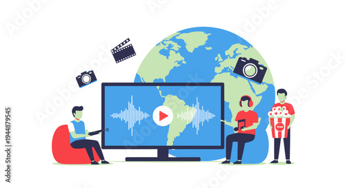 People interacting with a large screen displaying a world map and audio waveform in a Technology setting with a globe and camera.