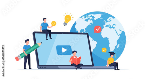 People interacting with large video player and globe illustration