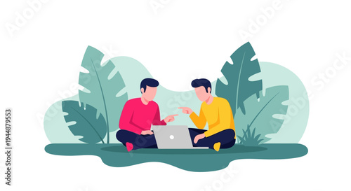Two men discuss on laptop outdoors among plants