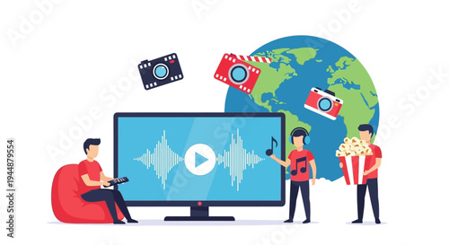 People watching video on TV with globe and cameras around