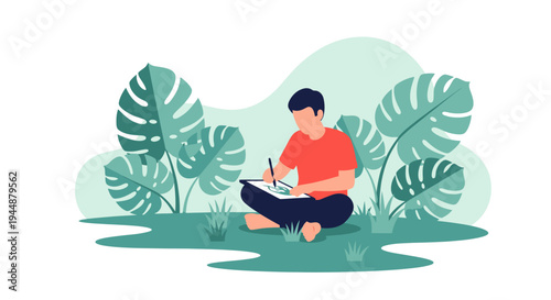 A person sits on grass writing in a notebook surrounded by large tropical leaves.