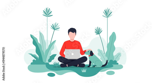 Person sitting with laptop outdoors surrounded by plants and dog