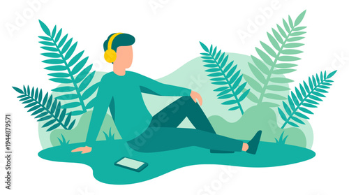A person wearing headphones sits relaxed among lush green plants and grass in a serene natural setting.