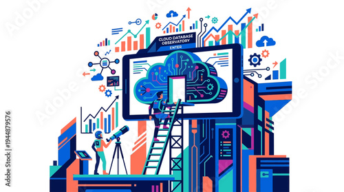 A person views a brain on a screen with graphs and a telescope in an industrial setting with technology and data.