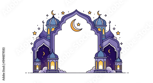 Eid Mubarak Instagram post template featuring a purple mosque arch with crescent moon and stars on a white background for Ramadan social media promotions