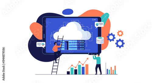 A person interacts with a large computer screen displaying a cloud and server in an office setting with graphs and gears.