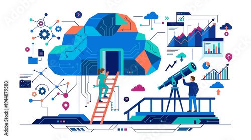 People analyze data on a cloud computing platform with telescope and graphs