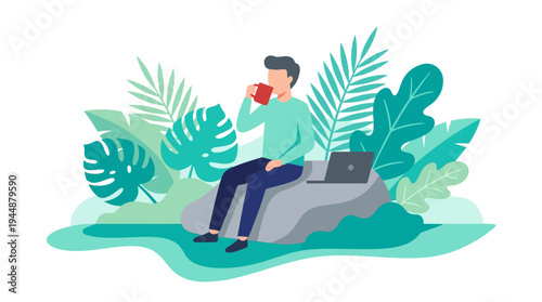 A man sits on a rock surrounded by lush plants while sipping from a mug.
