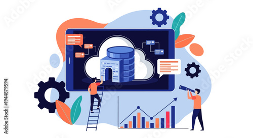 Two workers interacting with a large computer screen displaying a database server in a cloud environment with various tools