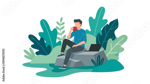 Man sitting on rock with laptop outdoors in nature environment