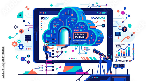 A futuristic illustration of a person accessing a secure portal on a large computer screen surrounded by various technological devices and colorful abstract symbols.