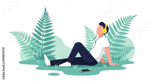 Woman relaxing on ground with headphones on in nature with fern plants
