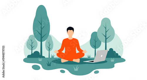 Person meditates peacefully outdoors with laptop on serene natural environment
