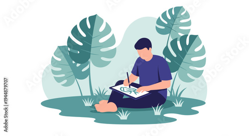 Man sitting on grass writes in notebook under tropical plants
