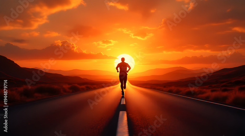 Runner silhouette on road at sunset