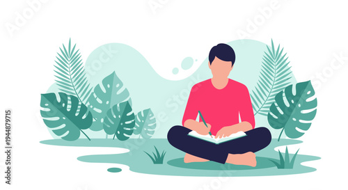 A man sits cross-legged outdoors reading a book among plants.